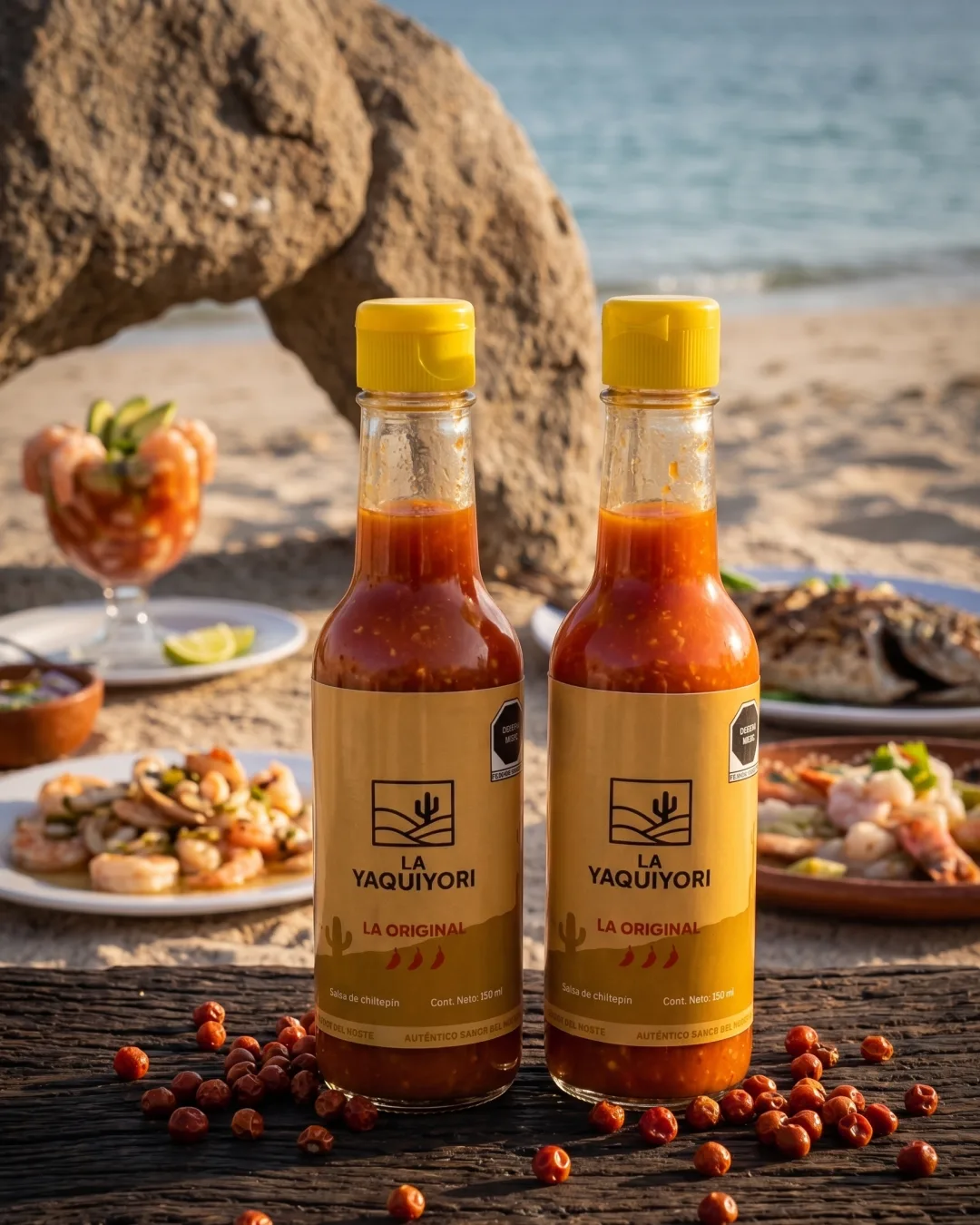 Pack Duo — dos botellas de salsa La Original de chiltepín silvestre La Yaquiyori (150 ml) junto al mar en Sonora