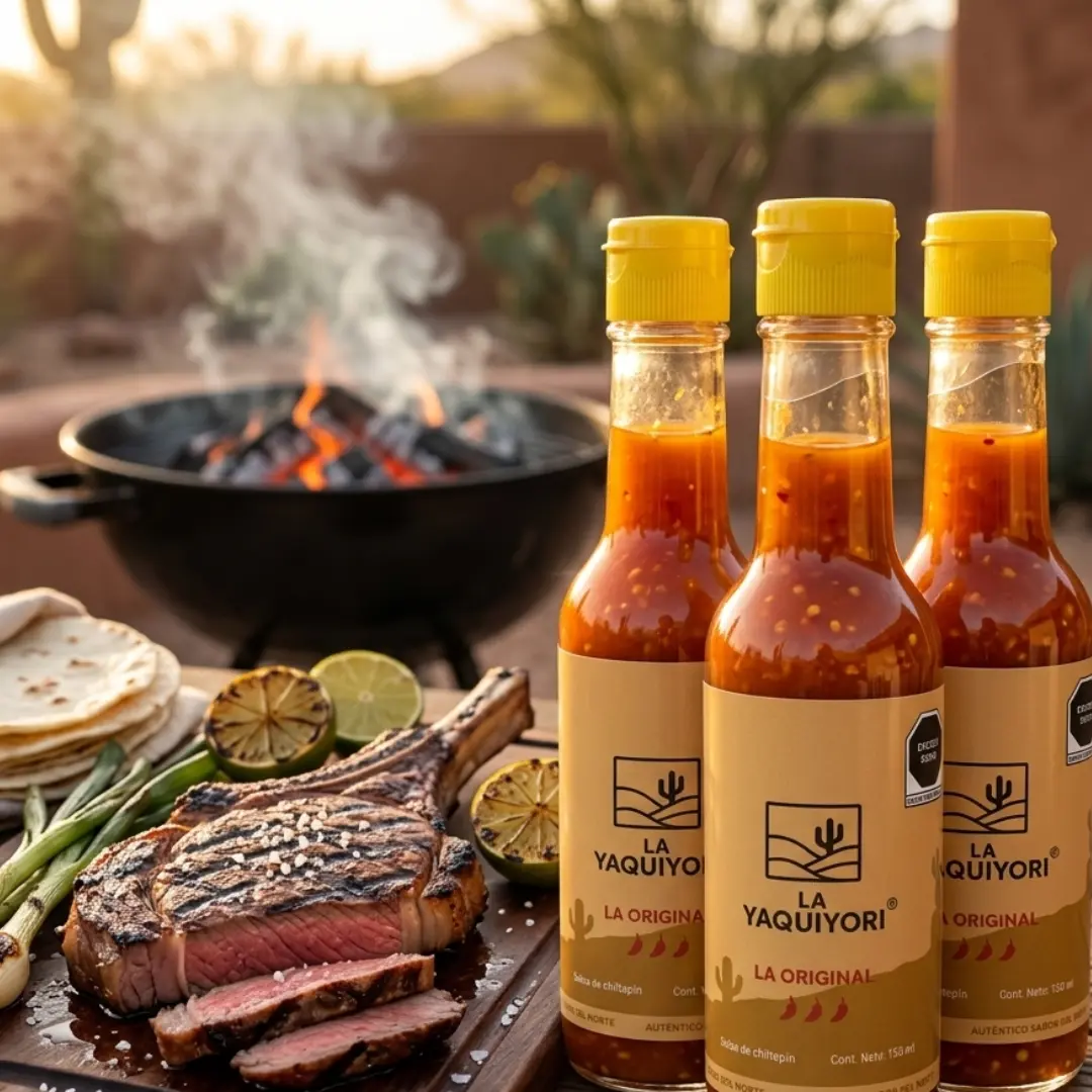 Pack Parrillero — salsa de chiltepín silvestre La Yaquiyori sobre piedra junto a una parrilla en Sonora