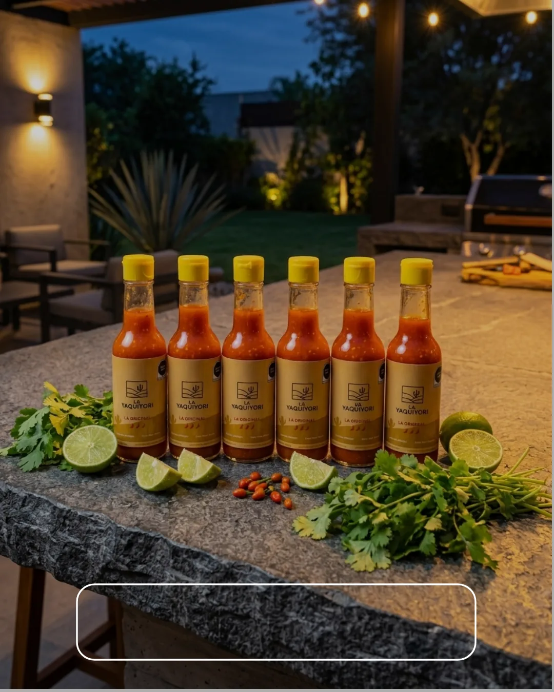 Reserva de la Sierra — seis salsas de chiltepín La Yaquiyori sobre mesa de piedra en patio sonorense al anochecer