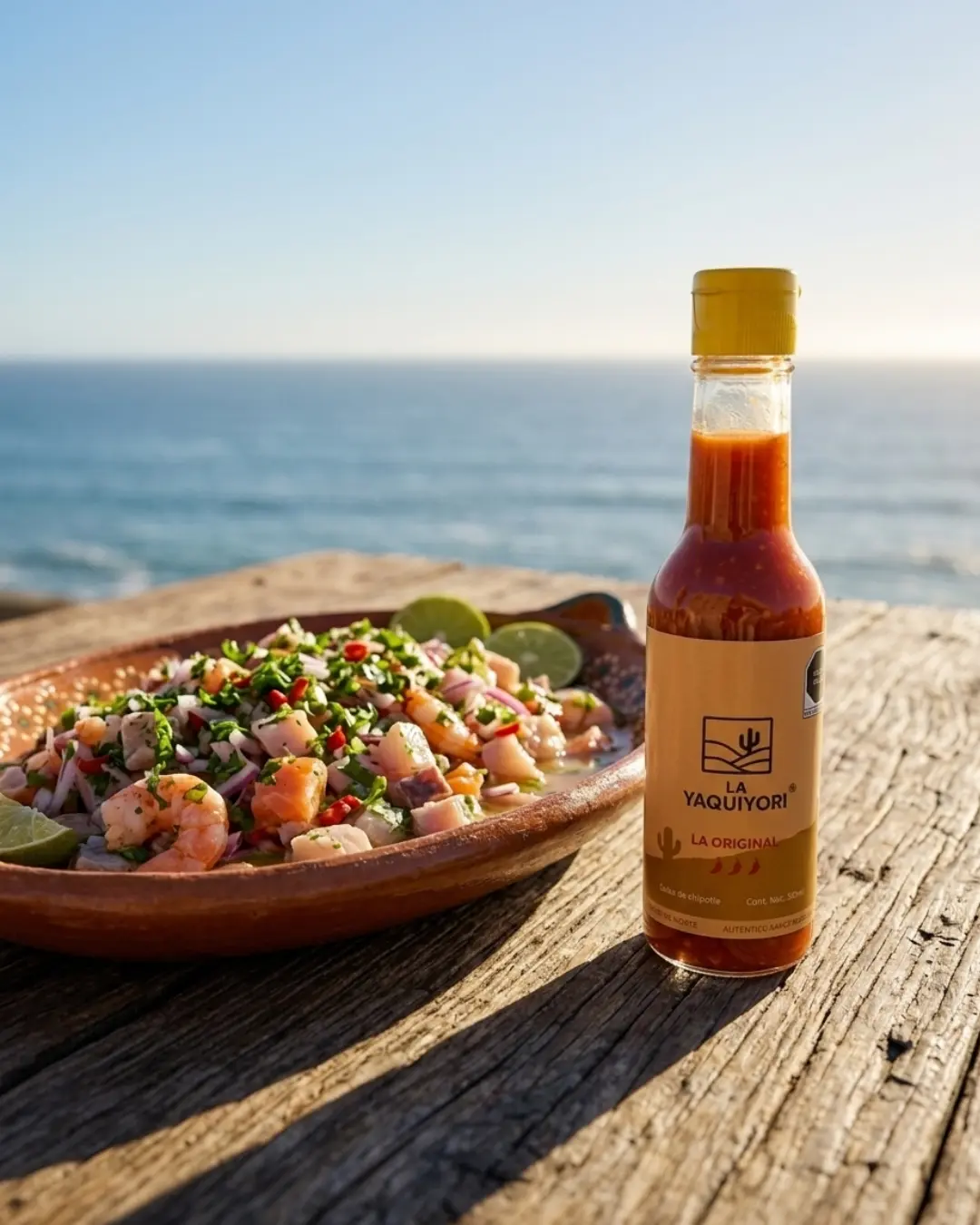 Salsa La Original de chiltepín silvestre La Yaquiyori junto a un ceviche de camarón fresco, sobre una mesa de madera frente al mar en Sonora